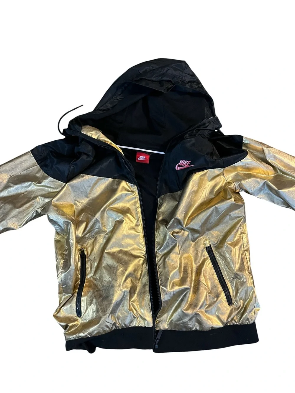 NIKE  Sportswear Windrunner Metallic Gold and Black Hooded Jacket Size Medium